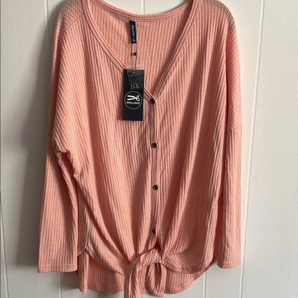 Ingrid & Isabel Pink Long-Sleeve Waffle Button Tie-Front Top